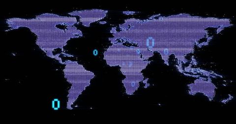 Glowing world map with binary code and digital noise