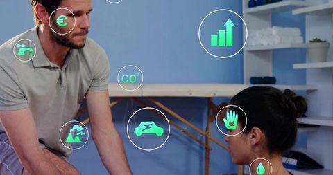 Therapist leaning, consulting client with wellness metrics and sustainability icons