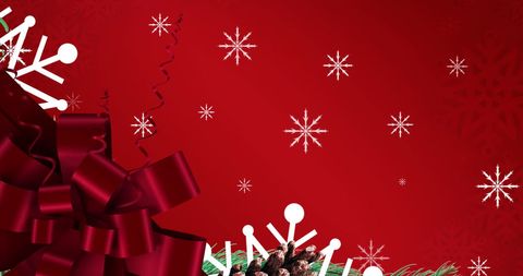 festive red christmas bow with falling snowflakes and pine cones - Download Free Stock Images Pikwizard.com