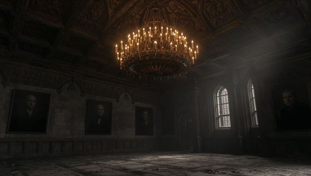 Majestic Chandelier Illuminating Grand Castle Hall with Portraits