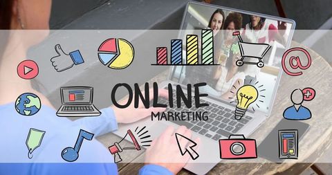 Concept of online marketing with illustrative icons overlay