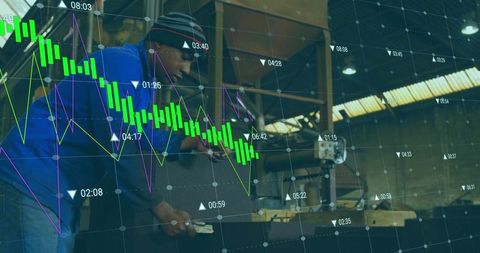 Midlife technician working on metal fabrication bench with financial chart overlay