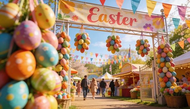 Easter festival entrance welcoming families with colorful hanging eggs and bunting