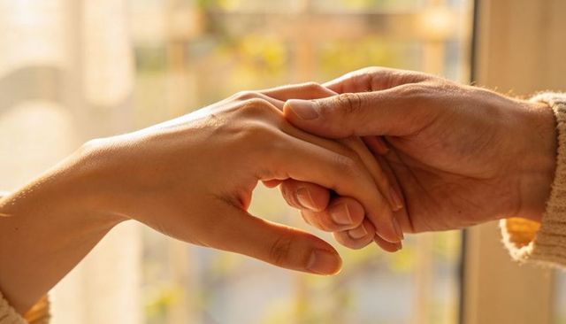 Sunlit hands holding in gentle clasp conveying tenderness and connection