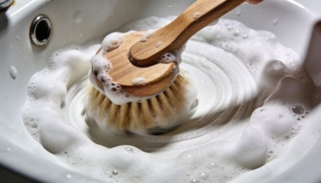 Rotating wooden-handled dish brush scrubbing soapy ceramic sink with bubbles and foam swirl