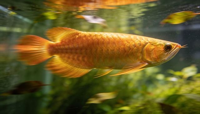 Golden arowana swimming in planted aquarium with shimmering scales and reflections