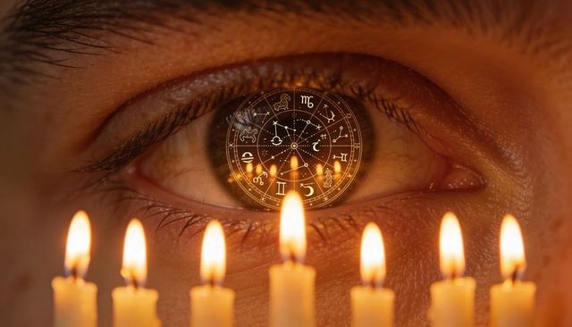 Candlelit eye reflecting zodiac wheel, mystical astrology vision and spiritual intuition