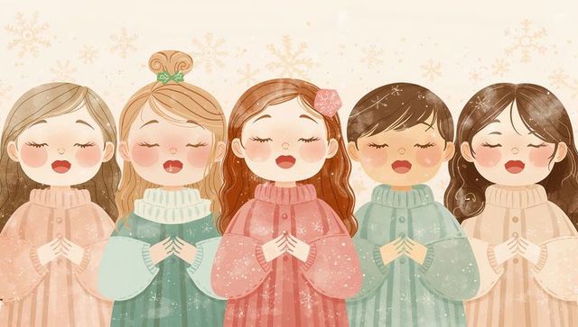 Girls choir singing in cozy knit sweaters, pastel winter illustration with snowflakes