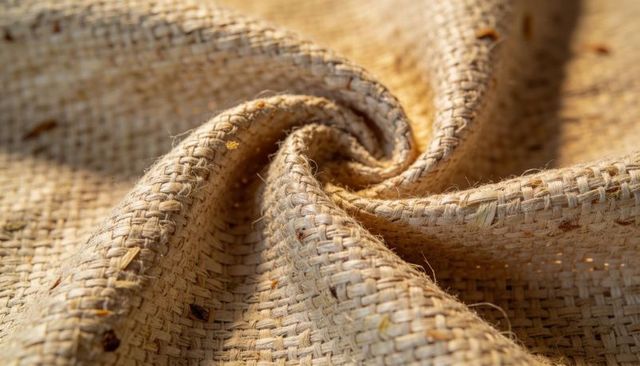 Spiral-folded burlap fabric showing coarse jute weave, loose fibers and warm texture
