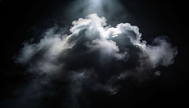 Dramatic Toplit Smoke Cloud Billowing over Dark Background with Focused Spotlight Beam