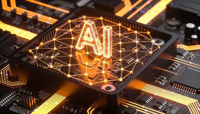 Glowing ai letters floating above neural chip with orange circuit network