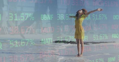 Woman Embracing Beach Serenity Overlay Stock Market Display
