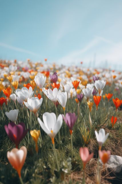 Colourful spring flowers at field over blue sky, created using generative ai technology - Download Free Stock Photos Pikwizard.com