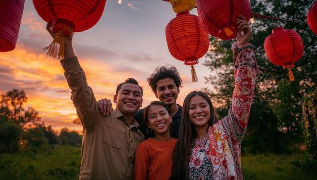Smiling friends celebrating under red lanterns at golden hour sunset in park