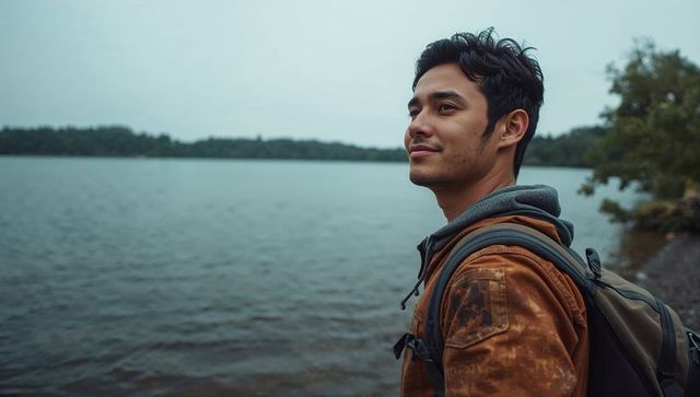Young man standing at lakeshore hiking with backpack under overcast sky, contemplative moment