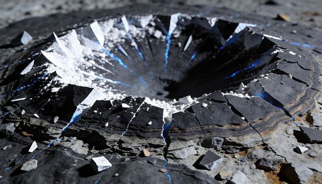 Fractured volcanic crater with jagged rim, white crystal deposits and electric blue veins
