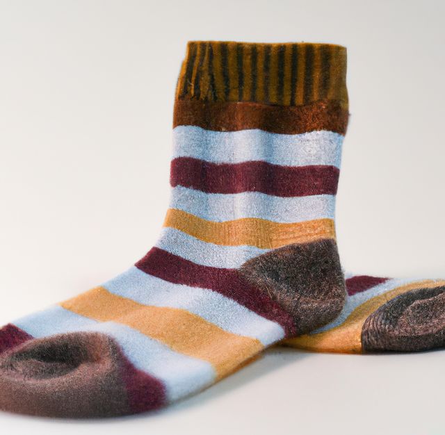 Close up of striped brown and grey socks on white background. Fashion, design and clothes concept.