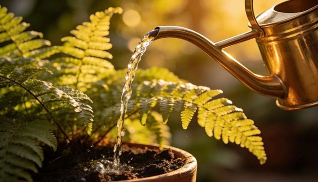 Golden-hour watering fern with brass watering can pouring stream into terracotta pot