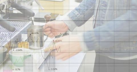 Barista Frothing Milk with Data Overlay at Modern Café