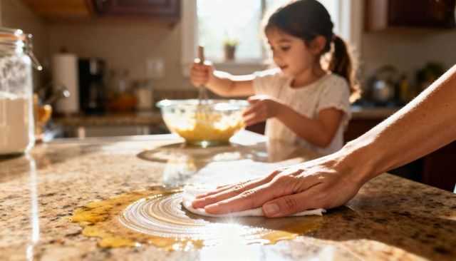 Parent wiping granite countertop while child whisking batter in sunlit kitchen