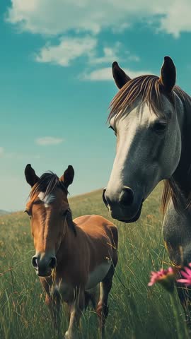 Foal nearing gray mare in sunlit wildflower meadow vertical video for equine lifestyle