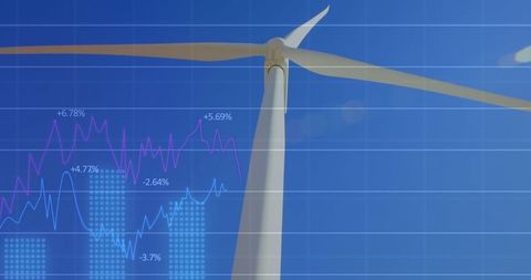 Wind Turbine with Financial Data Overlays Against Clear Blue Sky