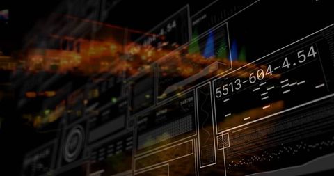 Futuristic HUD panels displaying numeric overlays on virtual workspace for analytics