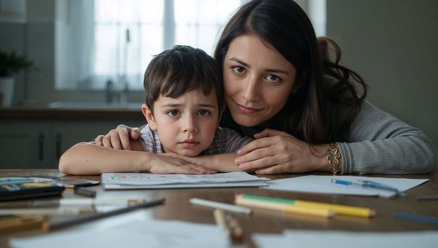 Comforting mother embracing worried young son at kitchen table, homeschooling support