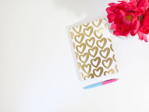 Stylish Notebook with Heart Pattern and Vibrant Pink Flowers