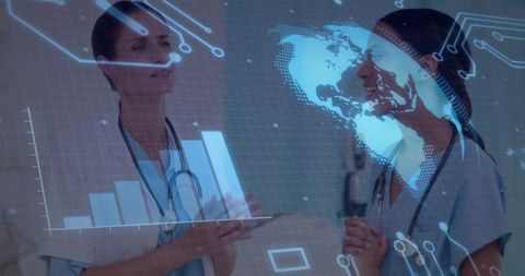 Healthcare Professionals Analyzing Global Health Data with Digital Interface