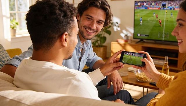 Friends watching soccer at home sharing smartphone and laughing on sunlit living room couch