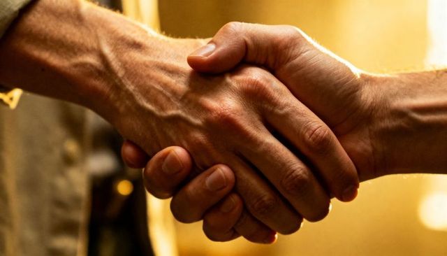 Firm business handshake sealing partnership with warm bokeh and blazer sleeve closeup