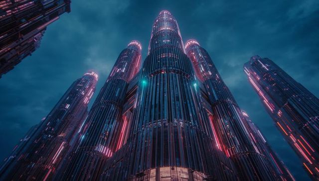 Futuristic Cylindrical Skyscrapers with Neon Lights