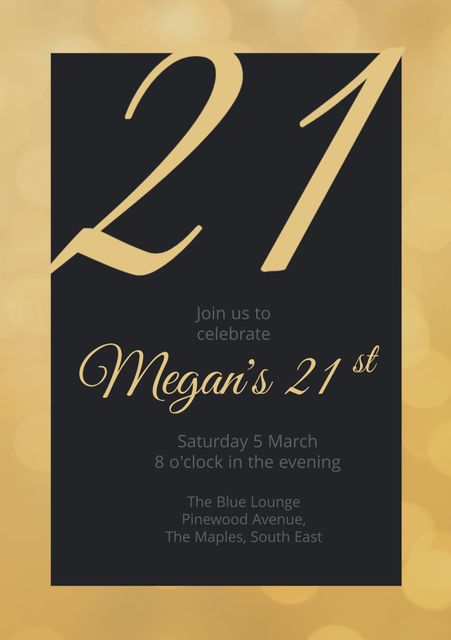 Luxurious and elegant 21st birthday invitation featuring a golden design. Great for sending to guests for a sophisticated birthday celebration. Ideal for events requiring a touch of class and elegance, highlighting special milestone birthdays.