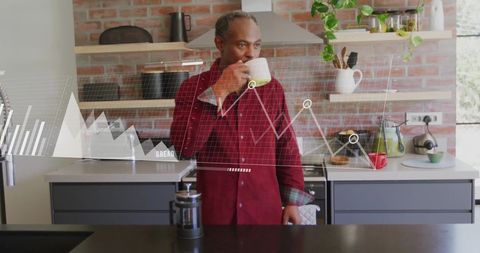 Elderly Man Enjoying Morning Coffee with Digital Data Interface