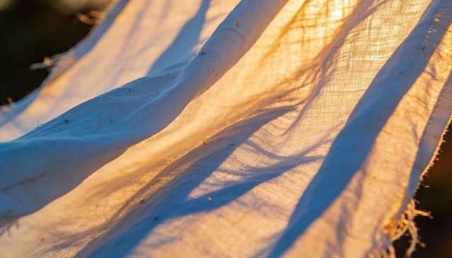 Billowing cotton sheet catching golden hour sunlight on clothesline showing frayed texture