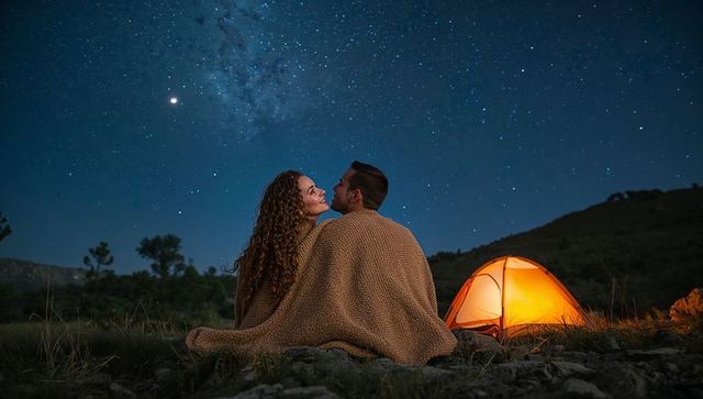 Couple Stargazing Under Milky Way While Camping with Glowing Orange Tent and Blanket Under Starry Ni