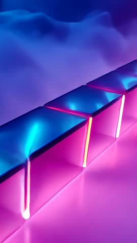 Vertical 3D Timeline Gliding Over Mirrored Neon Cubes Pulsing Futuristic Abstract Loop