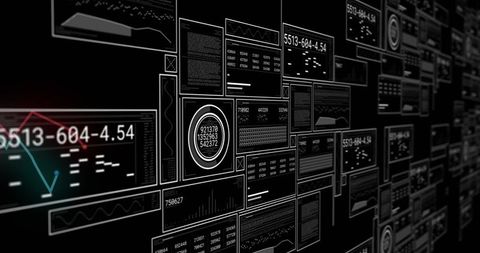 Futuristic Dark Analytics Dashboard Grid with Neon Line Charts and Circular Gauge