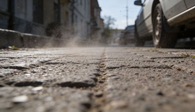 Low-angle cobblestone street close-up featuring sunlit dust and passing car wheel