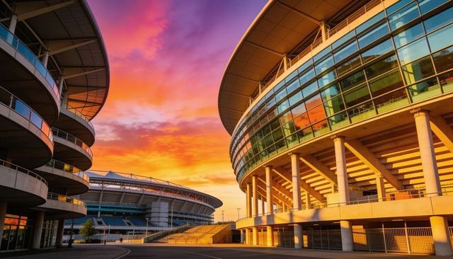 Curved glass stadium reflecting vibrant sunset, concrete columns framing modern arena