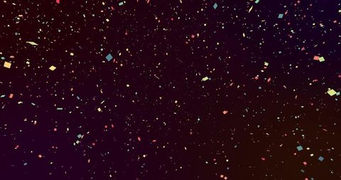 Iridescent confetti cascading across dark gradient background, glowing party celebration