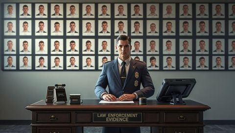 Officer analyzing evidence before mugshot wall in modern police office, criminal record context