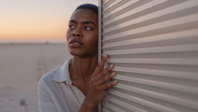 Contemplative woman leaning on metal shutter at rooftop sunset wearing collared shirt