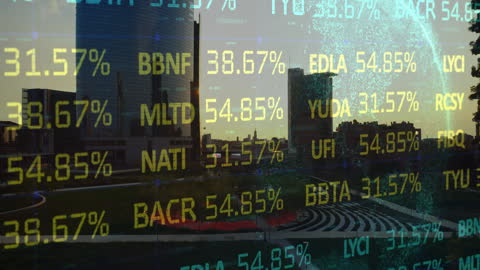Digital Stock Market Display Against Cityscape Background