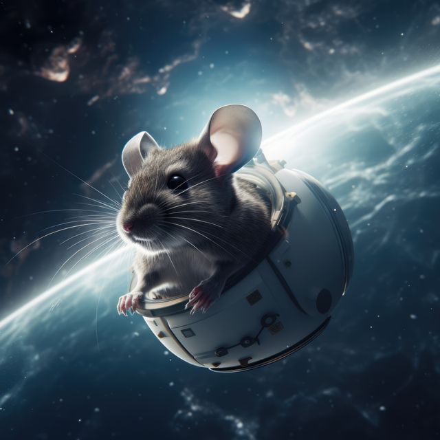 Mouse wearing space suit exploring outer space near a planet’s horizon. Perfect for science fiction themes, educational materials about space, creative digital artworks, and inspiring adventure, exploration, and fantasy stories. Suited for websites, blogs, or any media related to space or creative concepts.