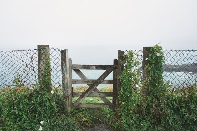 Rustic wooden gate attached to a chain-link fence stands at the edge of a path overlooking a misty ocean on a foggy day. Overgrown plants and greenery add to the natural, tranquil scene. Ideal for use in designs focusing on nature's beauty, coastal themes, or tranquil and serene environments.