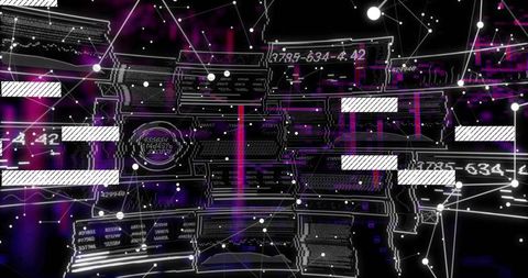 Futuristic Neon Data Interface With Floating Holographic Panels and Connecting Nodes