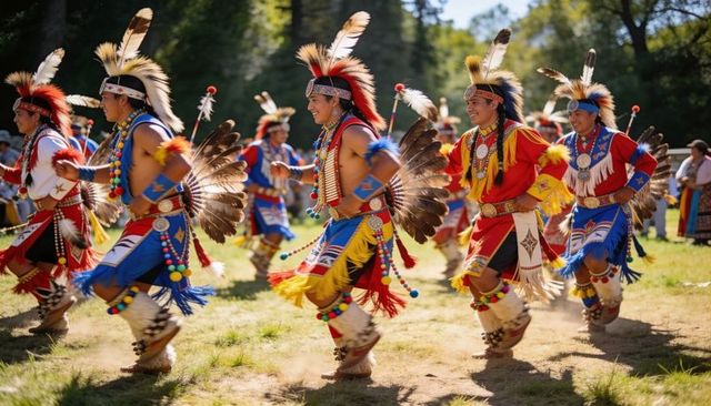 Native american men dancing in colorful regalia with feather roaches at outdoor powwow