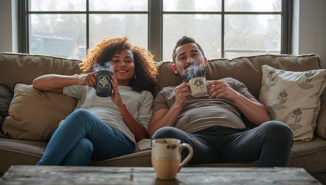 Couple reclining on sofa holding steaming mugs, enjoying cozy morning near sunlit window